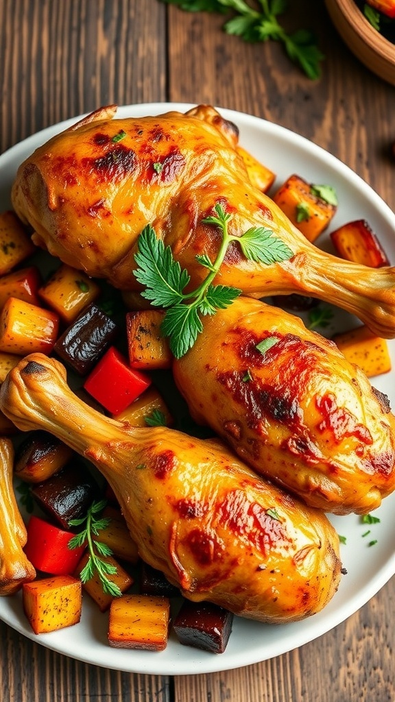 Baked chicken drumsticks on a plate with herbs and roasted vegetables.